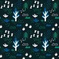Seamless baby pattern with trees and other plants, Doodle elements. Hand drawn vector background. Great for fabric Royalty Free Stock Photo