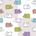 Seamless baby patterns with funny hippos in bright colors. Vector illustration