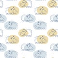Seamless baby patterns with funny hippos in pastel colors. Vector illustration