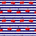 Seamless backgound. Pattern with red berries cherry. White and blue stripes.