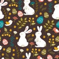 Seamless Backgroun with Flowers, Bunnies, Birds, and Easter Eggs. Royalty Free Stock Photo