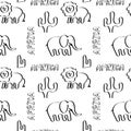 Seamless background with African animals, elephants, lions. Hand drawn lettering Africa. Black and white, graphics Royalty Free Stock Photo