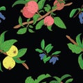 Seamless background with apples and honeyberries on black