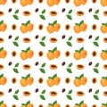 Seamless background with apricots, seeds and leaves. A cute summer or spring print with whole and halved fruit. Festive