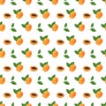 Seamless background with apricots, seeds and leaves. A cute summer or spring print with whole and halved fruit. Festive
