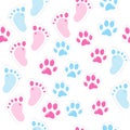 Seamless background with baby footprint and animal paws