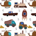 Seamless background with baby style cars,trains, helicopters, tractors and trucks