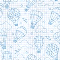 Seamless illustration with balloons , clouds, birds and stars ,blue contour icons on the clean writing-book sheet in a cage