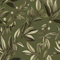 Seamless Background. Bay Leaf On Olive Green Background. Generative AI Royalty Free Stock Photo