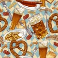 Seamless background with beer glasses, pretzel