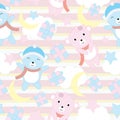 Seamless background of birthday illustration with cute baby bears on blue stripe background suitable for wallpaper, scrap paper an