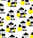 Seamless background with black cats and yellow pineapples.