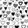 Seamless background with black doodle sketch hearts on white background