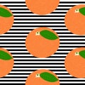 Seamless background with black stripes and red grapefruit with leaf.