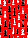 Seamless background with black and white chess pieces on light red background. Uneven distributed horse, king, queen, bishop and k Royalty Free Stock Photo