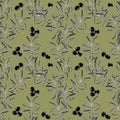 Seamless Background With Black And White Olives. Pattern With Olives And Leaves On A Green Background.