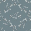 Seamless background blue Carnotaurus dinosaur gender neutral baby pattern. Simple whimsical minimal earthy 2 tone color