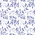 Seamless background with blue leave doodles, white background. Luxury pattern for creating textiles, wallpaper, paper. Vintage.