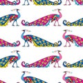 Seamless background of blue and pink decorative peackoks Royalty Free Stock Photo