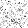 Seamless background in  bone, skull, spider, Ghost, star, eye. Black and white background line. Hand drawn design for Royalty Free Stock Photo