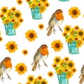 Seamless background with bouquets. Watercolor. Sunflowers, birds, watering can