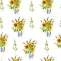 Seamless background with bouquets. Watercolor. Sunflowers, eucalyptus, bow