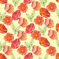 Seamless background with bright poppies and curly asparagus on a delicate pastel background. Vector illustration