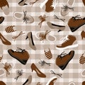 Seamless background of brown different shoes. Vector endless illustration. Royalty Free Stock Photo