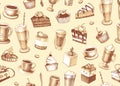 Seamless background with cakes, cupcakes and coffee
