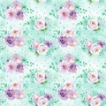 Seamless watercolor floral pattern in mint green and light purple violet colors on light green background