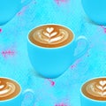 Seamless background with cappuccino coffe motif. Latte art with hearts. Best for packaging, coffee pads, wallpaper.