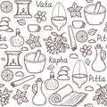 Seamless background with cartoon ayurvedic objects