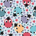 Seamless background with cartoon birds and hearts