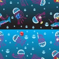 Seamless background character Medusa emotion items homemade bubbles on a black blue background. Kids printing textile banner Royalty Free Stock Photo