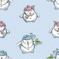 Seamless background of cheerful snowmen in christmas