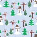 Seamless background of cheerful snowmen in wnter forest on snowy day