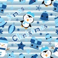 Seamless background of Christmas illustration with cute penguin, bell, gift, and star on stripes background suitable for Children