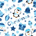 Seamless background of Christmas illustration with cute penguin, bell, gift, and star suitable for Children Xmas Wallpaper, Scrap