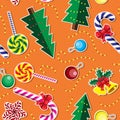 Seamless background Christmas tree garland candy bell star glass round toy on orange background. Vector image