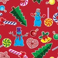 Seamless background Christmas tree garland candy bell star glass round toy snowman on red background. Vector image