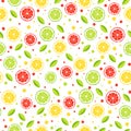 Seamless background. Citrus slices of lime, lemon, red orange and green leaves on a white background Royalty Free Stock Photo