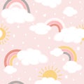 Seamless Background with Clouds and Rainbows on Pink Sky Royalty Free Stock Photo