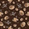 Seamless background with coffee beans and cups Royalty Free Stock Photo