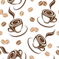 Seamless background with coffee beans and cups. Royalty Free Stock Photo