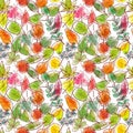 Seamless background with colored doodle green, yellow and red leaves. Can be used for wallpaper, pattern fills, textile