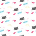 Seamless background of colored Karakul muzzles cats, hearts d