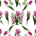 Seamless background with colored pink tulips. Vector illustration.Floral seamless background with colorful tulips. Spring mood.The Royalty Free Stock Photo
