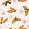 Seamless background. Colorful butterflies on a light background with flowers. Vector illustration Royalty Free Stock Photo