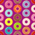 Seamless background with colorful donuts with glaze and sprinkles.