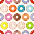 Seamless background with colorful donuts with glaze and sprinkles.